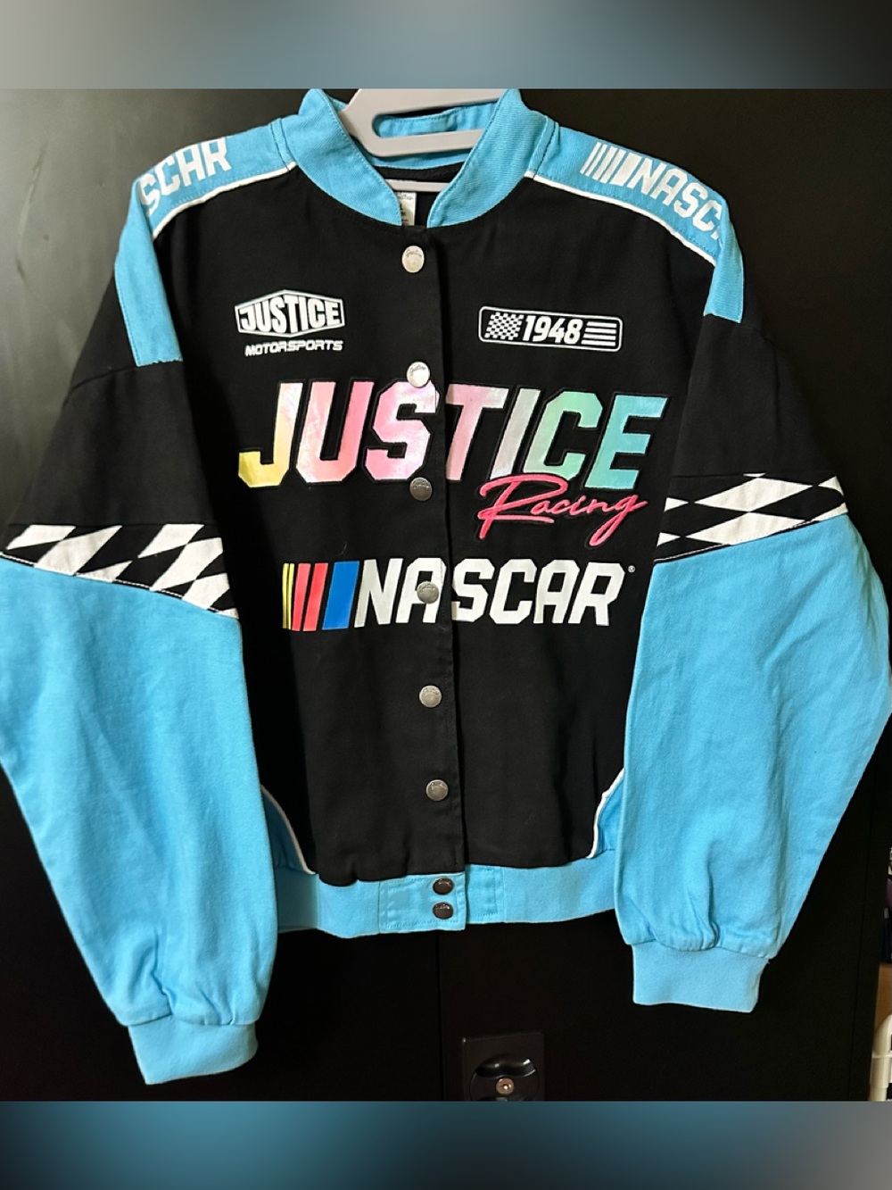 Nascar Girls  Racing Jacket in Black & Light Blue with Multicolor Logo XL